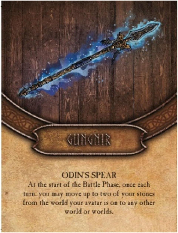 Gungnir Odin&#39;s Spear a legendary blue glowing spear on a wooden background