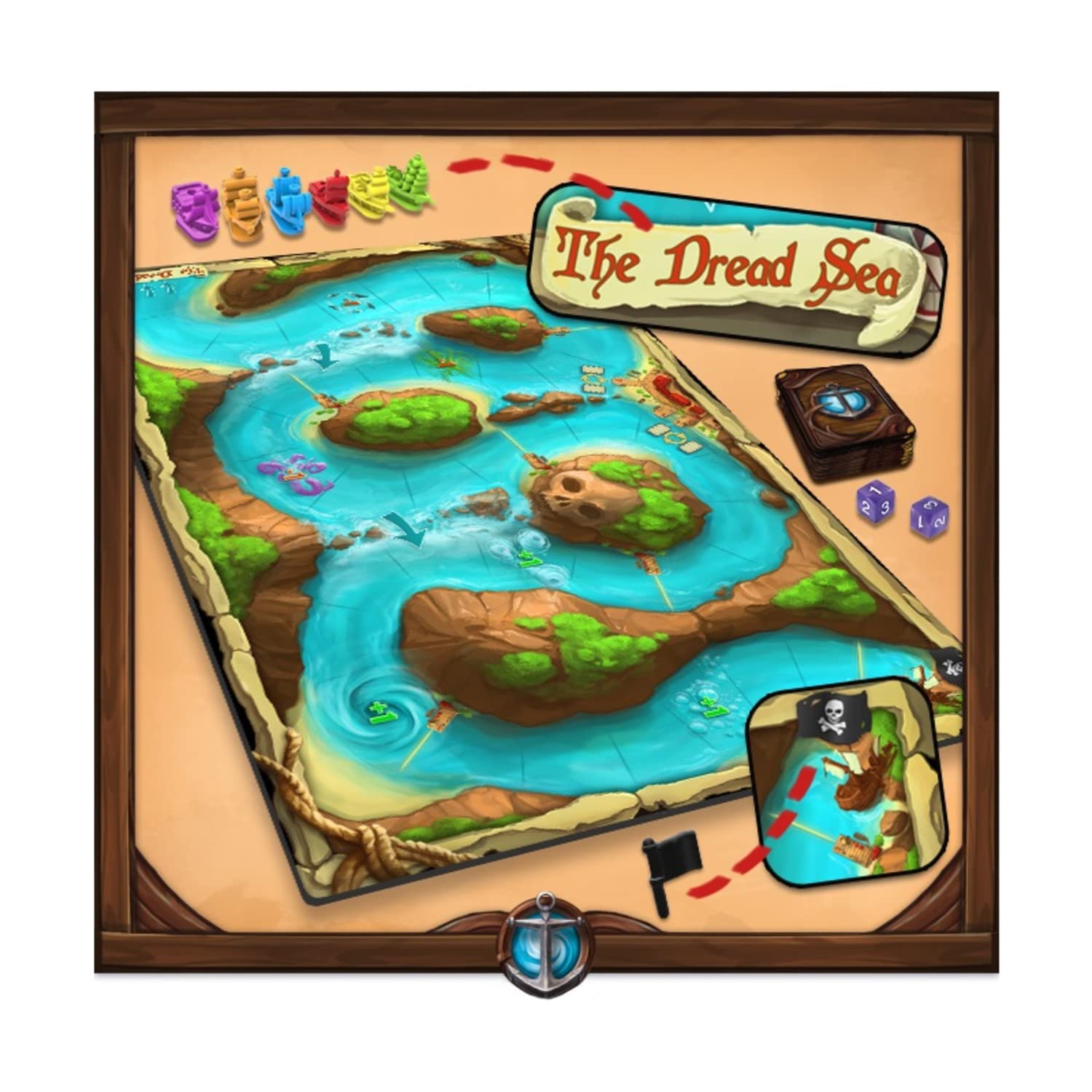Pirate board game "The Dread Sea" with a winding map of islands and sea, colorful ships, cards, and dice.