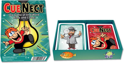 The Cue Nect card game box and open box showing game cards, featuring the cartoon mascot