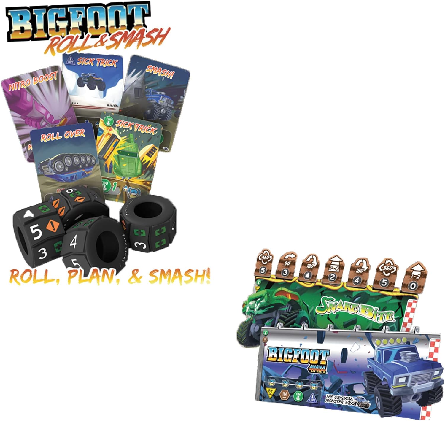 A collection of game components for "Bigfoot Roll & Smash" board game -  including cards -  custom dice -  and monster truck game boards