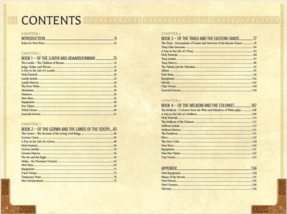 A detailed table of contents for a fantasy roleplaying game book featuring chapters on different cultures and regions