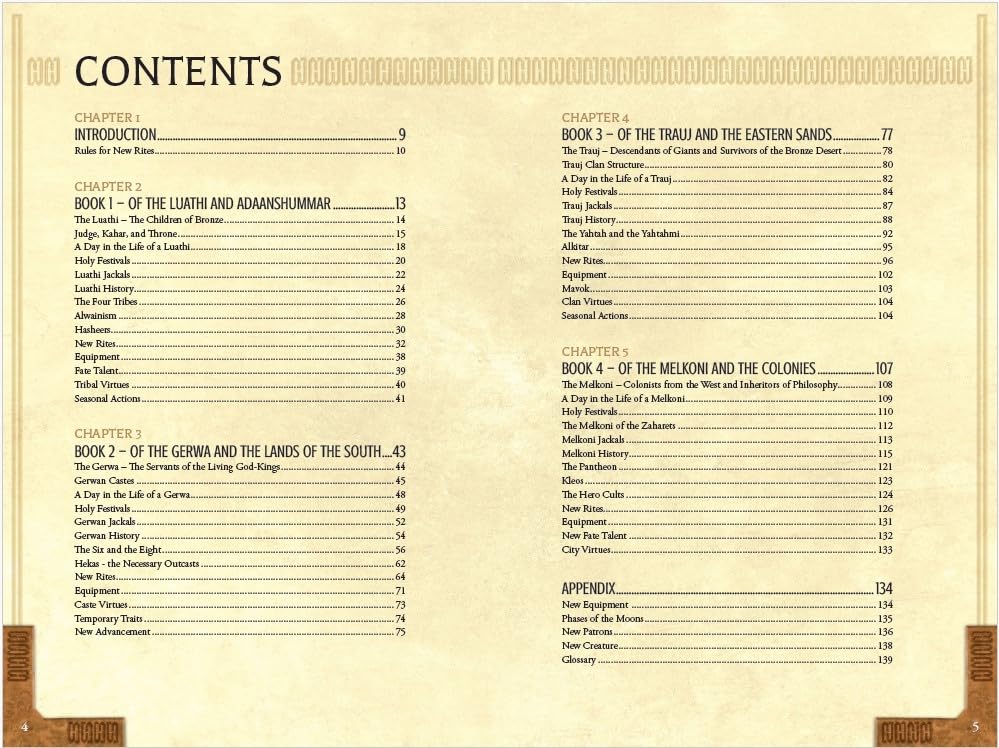 A detailed table of contents for a fantasy roleplaying game book featuring chapters on different cultures and regions
