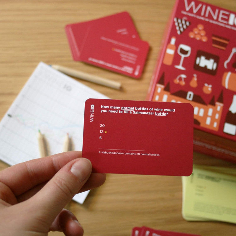 Hand holding a red WineIQ game card with a question about Salmanazar bottle size game box and score sheet visible