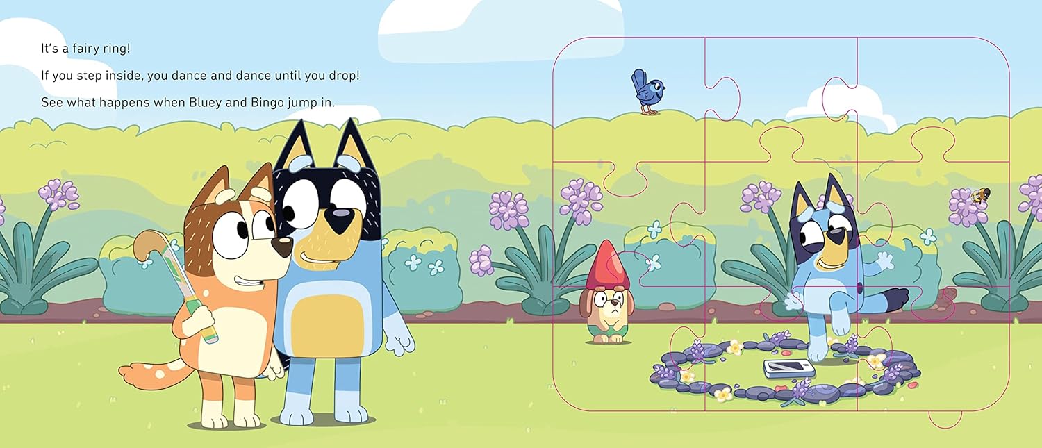 Bluey dances in a fairy ring of flowers on a garden puzzle page, while Bingo holds a hockey stick
