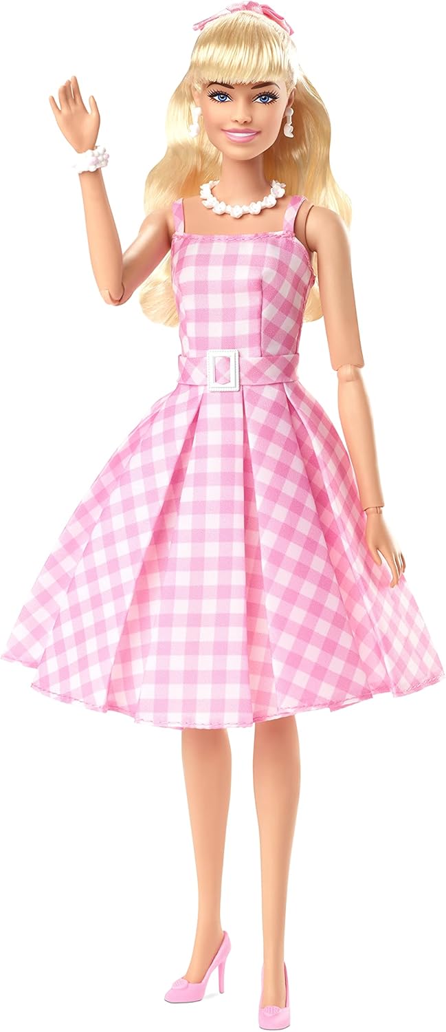 Barbie doll in a pink gingham dress with a white belt -  blonde hair -  pink bow -  waving -  and wearing white jewelry & pink heels