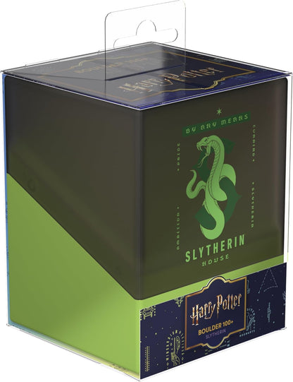 Slytherin House "Boulder 100+" deck box with green snake emblem in clear packaging.