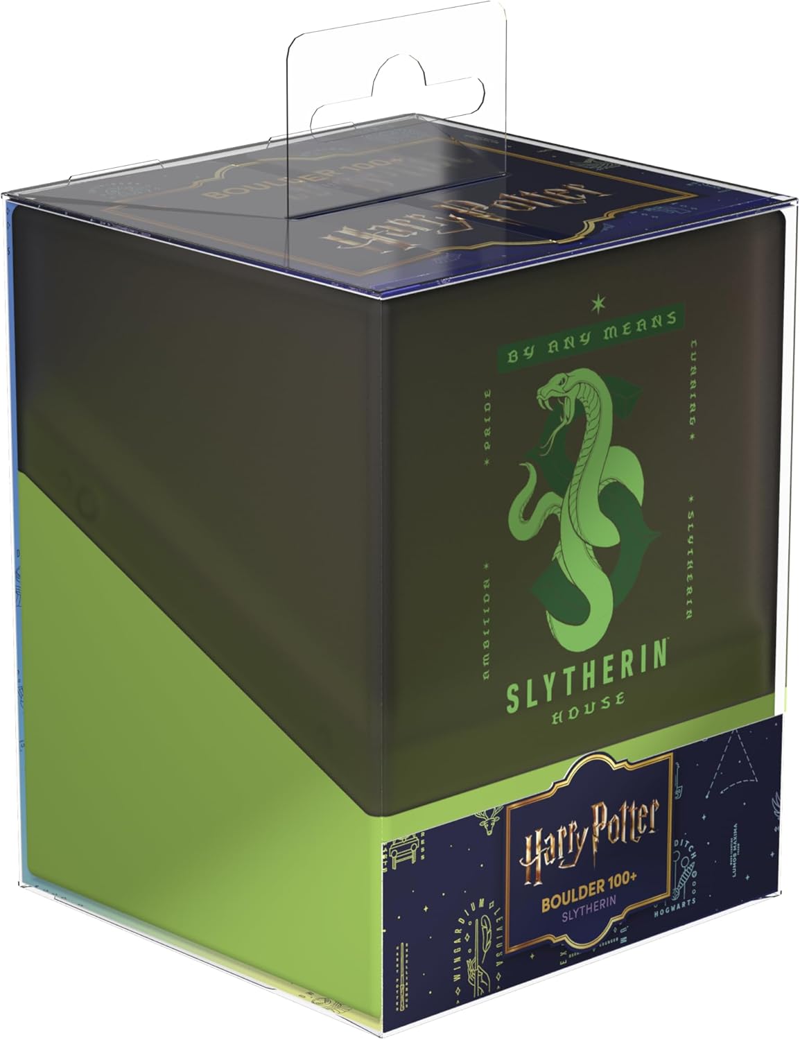 Slytherin House &quot;Boulder 100+&quot; deck box with green snake emblem in clear packaging.
