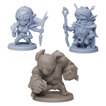 Three grey fantasy miniatures: a female elf, a bearded dwarf, and a crouching beast-like creature