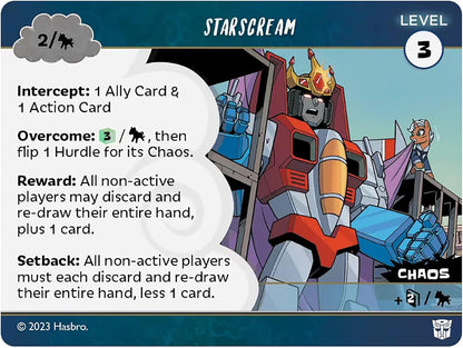 Starscream Level 3 game card showing the crowned Transformer yelling near a pony on a wooden platform