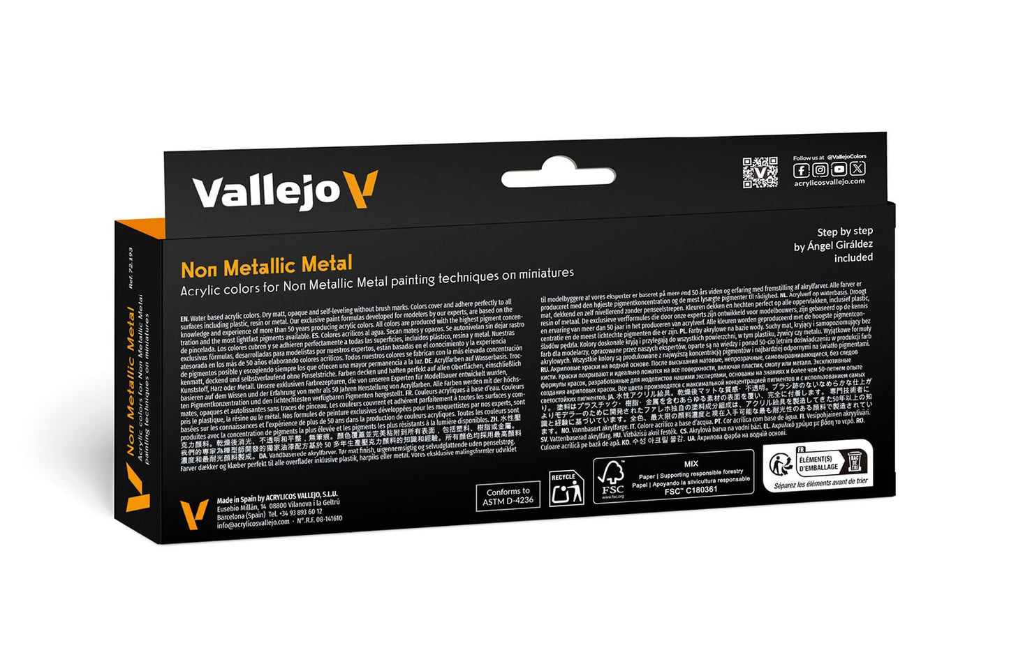 Black and orange box of Vallejo Non Metallic Metal acrylic paints for miniatures, with product details and a step-by-step guide included