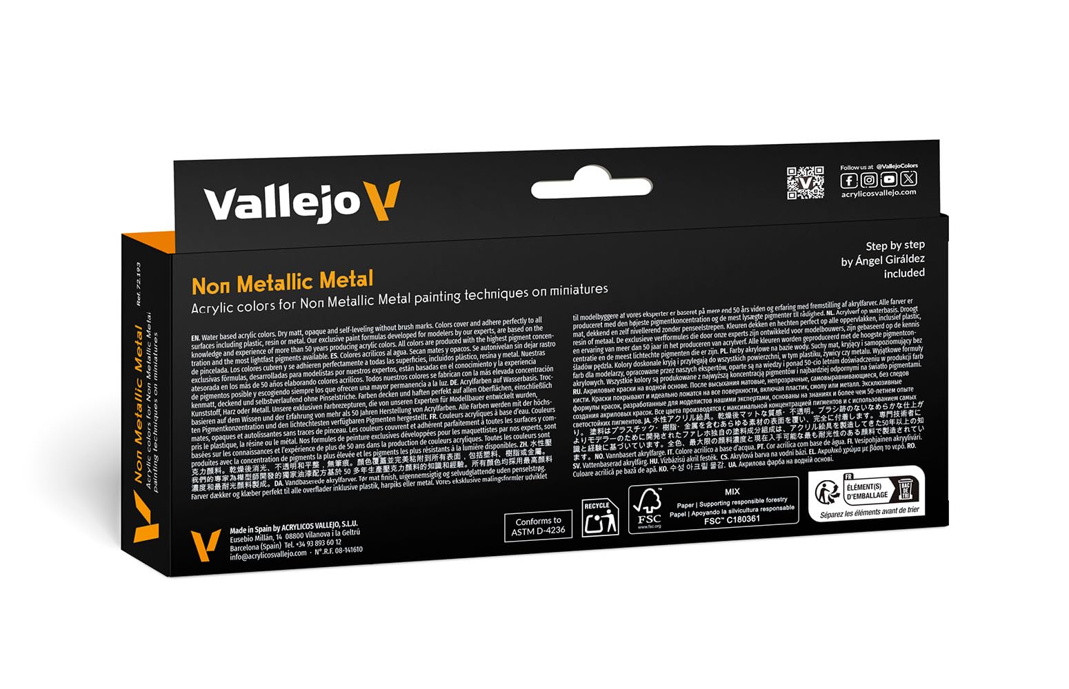 Black and orange box of Vallejo Non Metallic Metal acrylic paints for miniatures, with product details and a step-by-step guide included