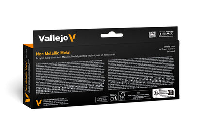 Black and orange box of Vallejo Non Metallic Metal acrylic paints for miniatures, with product details and a step-by-step guide included