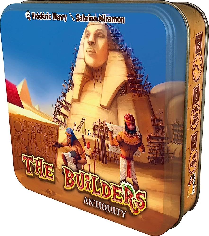Board game cover for "The Builders: Antiquity." Ancient Egyptians build the Sphinx, surrounded by scaffolding, carving, and plans