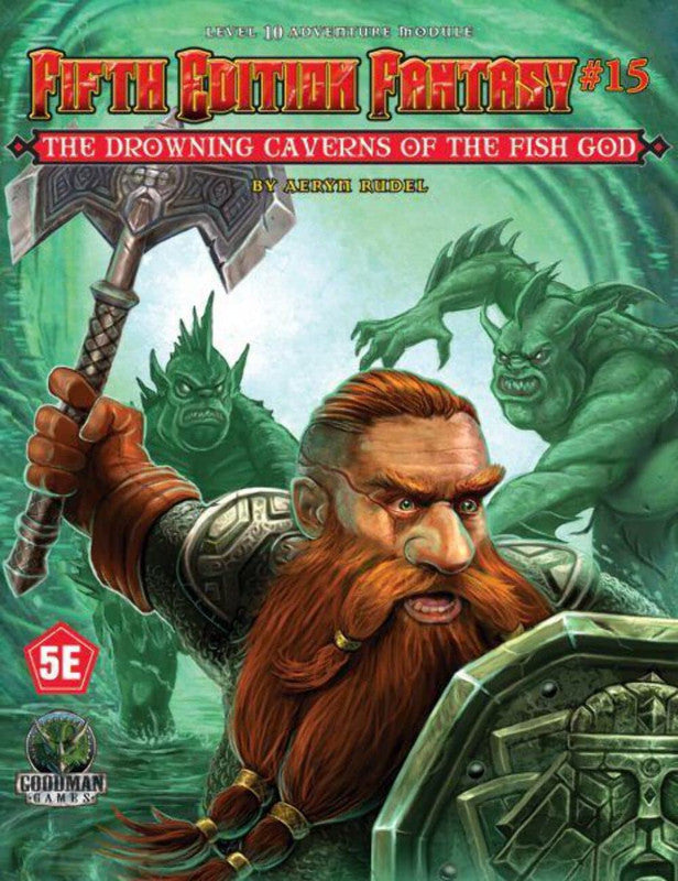 A fierce bearded dwarf warrior raises a hammer while confronting two green aquatic monsters