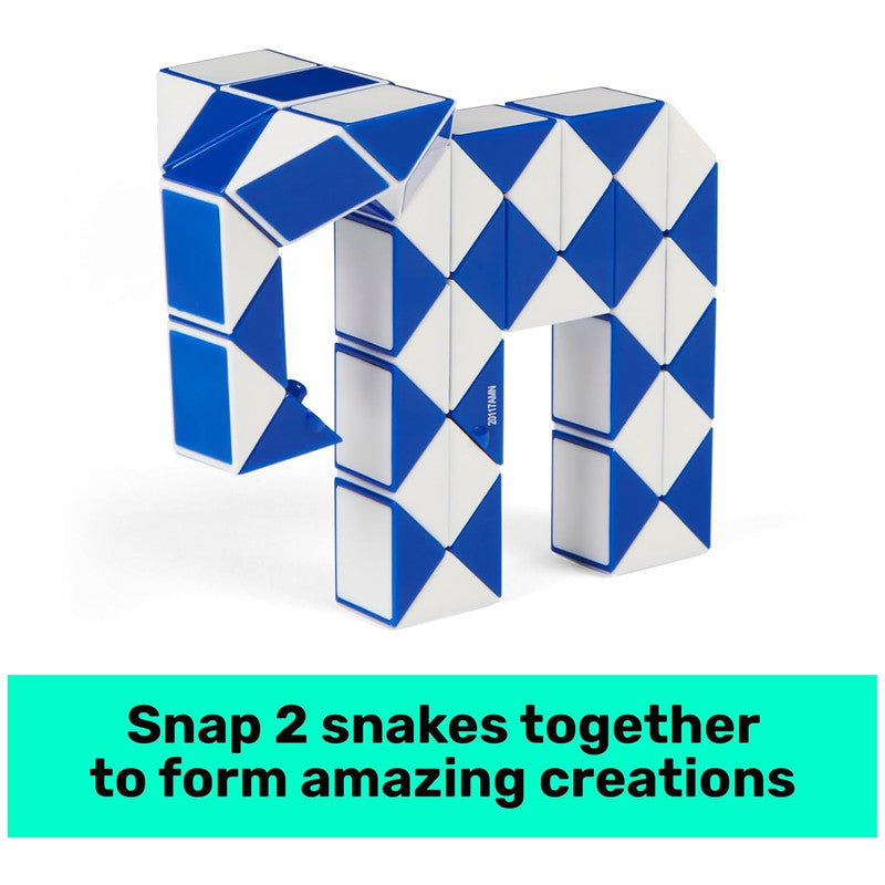 Rubiks Connector Snake 2 Pack close-up of a blue-and-white snake twisted into a swan shape