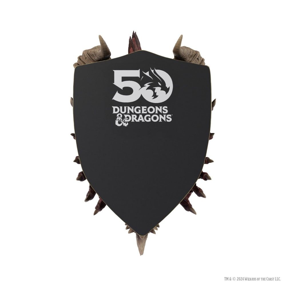 Back view of detailed resin wall plaque featuring a snarling red dragon head with beige horns mounted on a brass-coloured shield
