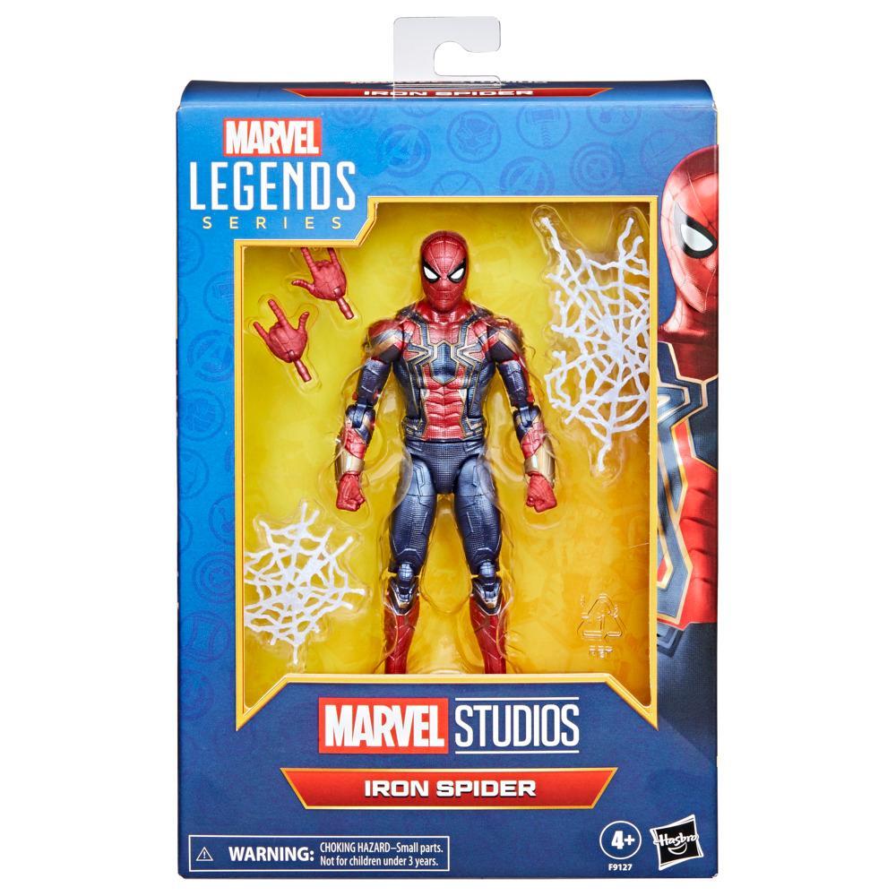 An Iron Spider action figure in a clear plastic window package, showing the red and blue figure, two red alternate hands, and white web accessories