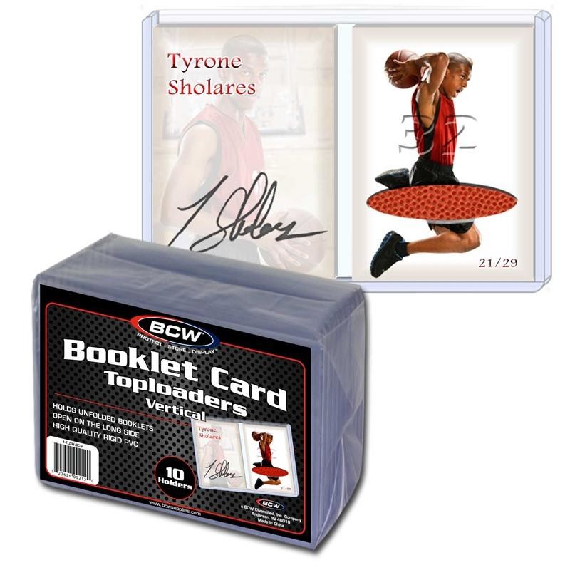 Clear vertical booklet toploader holder card displaying collectible inside