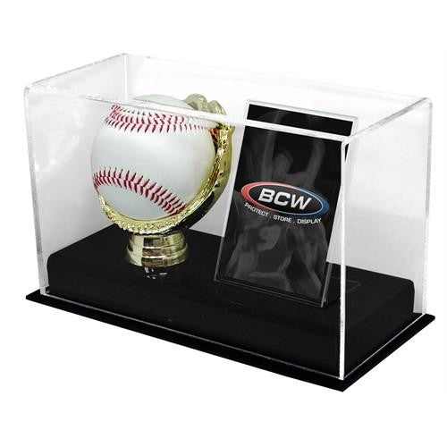 Front view of the BCW Baseball Acrylic Gold Glove Ball and Card Display in packaging