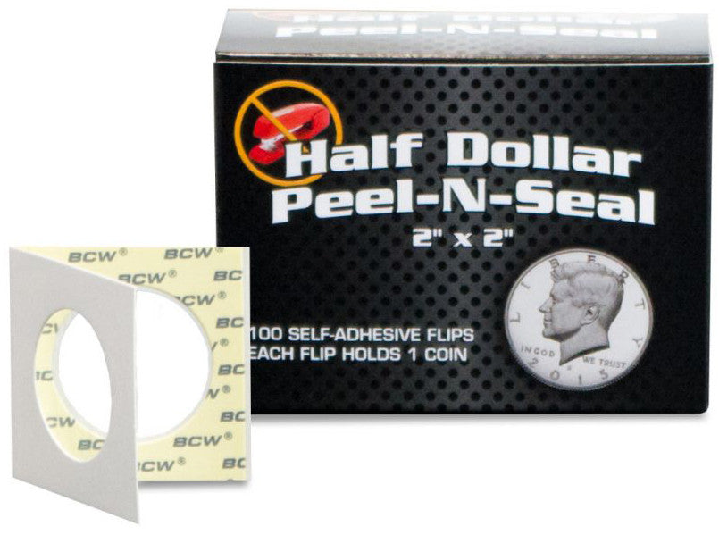 BCW Peel n Seal Adhesive Half Dollar Paper Flips clear plastic window paper coin holders in packaging