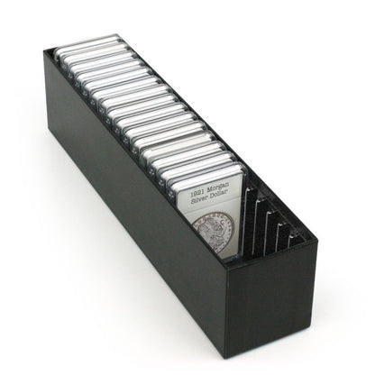 Front view of the slotted coin display slab box with a coin inside the slot