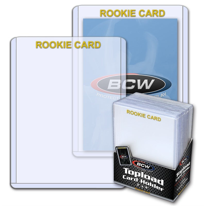 Stack of clear BCW Rookie Imprinted Gold Toploader Card Holders