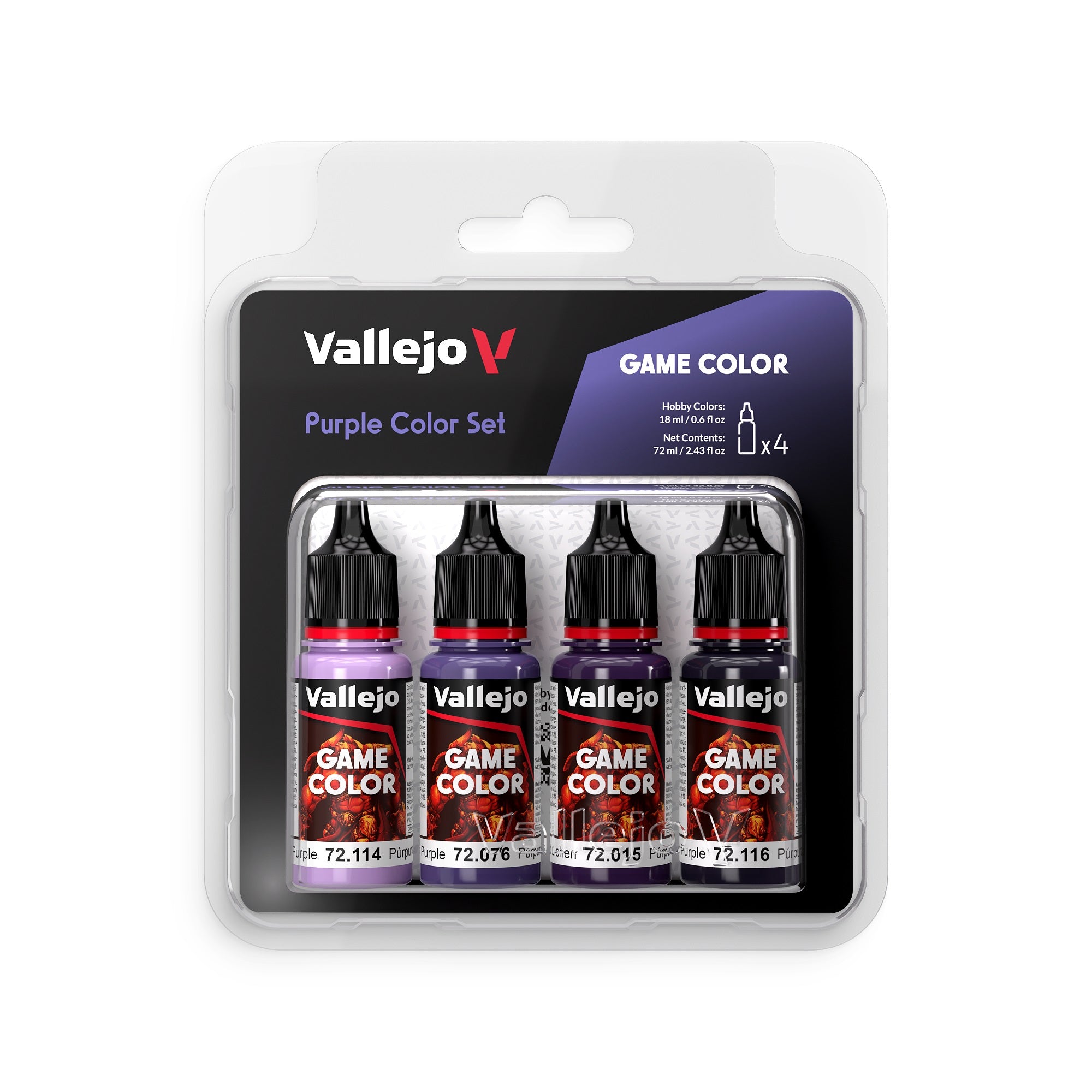 Vallejo Game colour Purple colour Set with four purple paint bottles in a clear blister pack