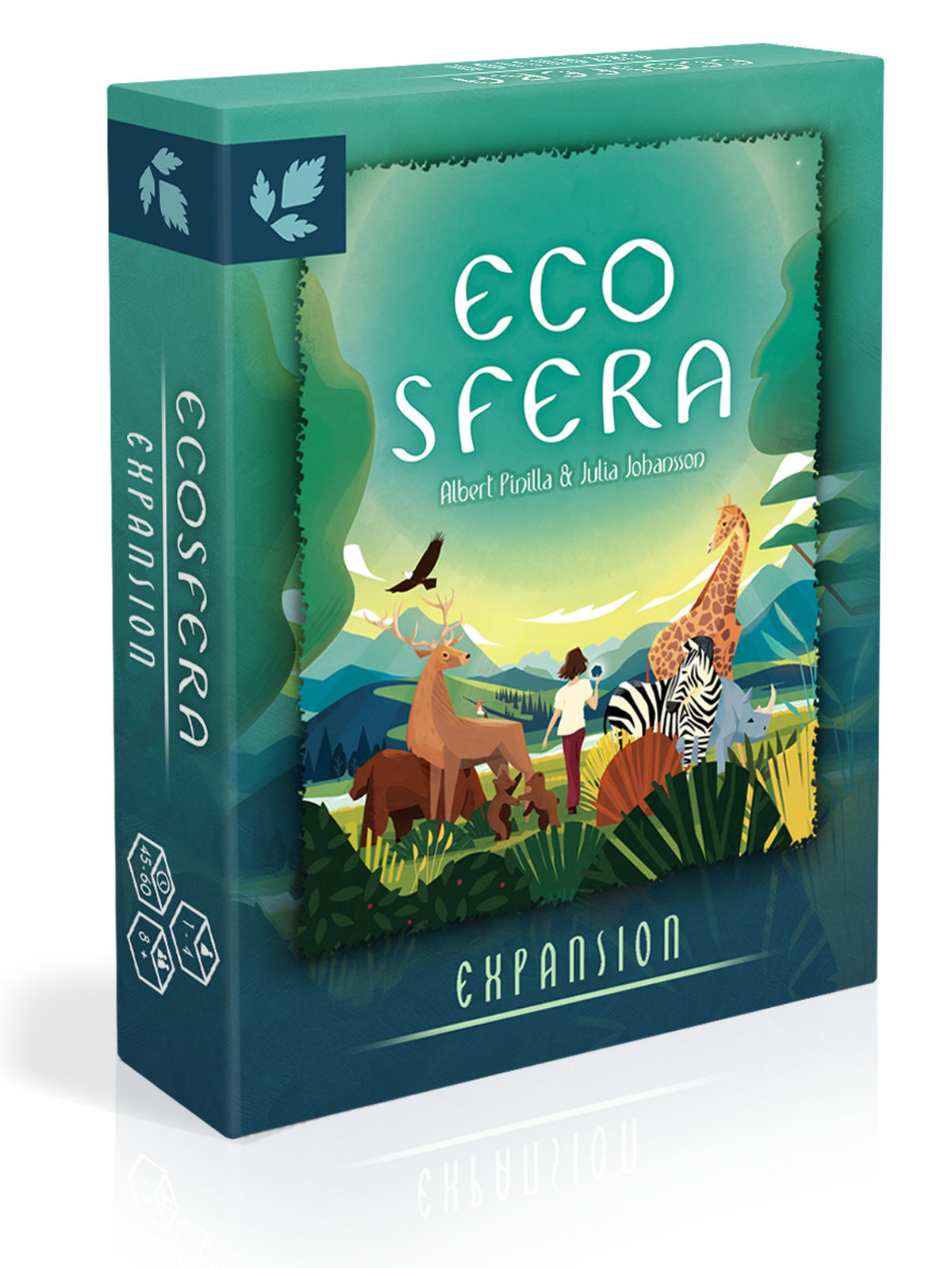 Ecosfera Expansion board game box featuring a vibrant illustration of a diverse ecosystem with animals and a human figure on a white reflective surface