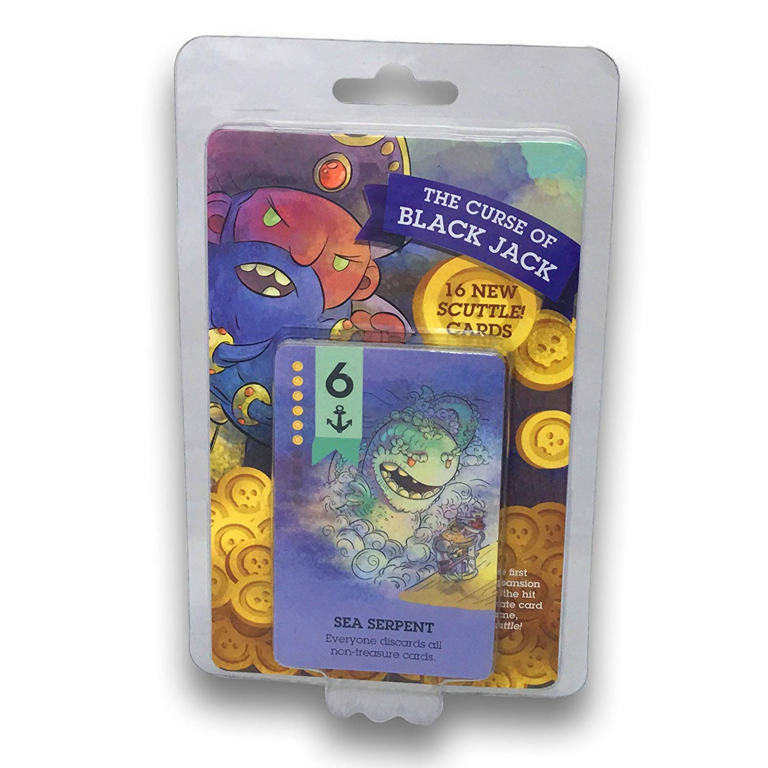A sealed Scuttle! The Curse of Black Jack Expansion pack showing cartoon sea monsters, golden skull coins, and a purple Sea Serpent card with a green 6 and anchor