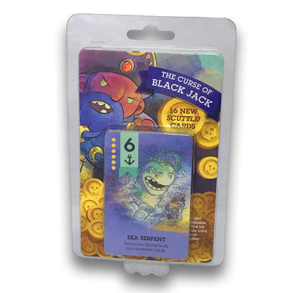 A sealed Scuttle! The Curse of Black Jack Expansion pack showing cartoon sea monsters, golden skull coins, and a purple Sea Serpent card with a green 6 and anchor