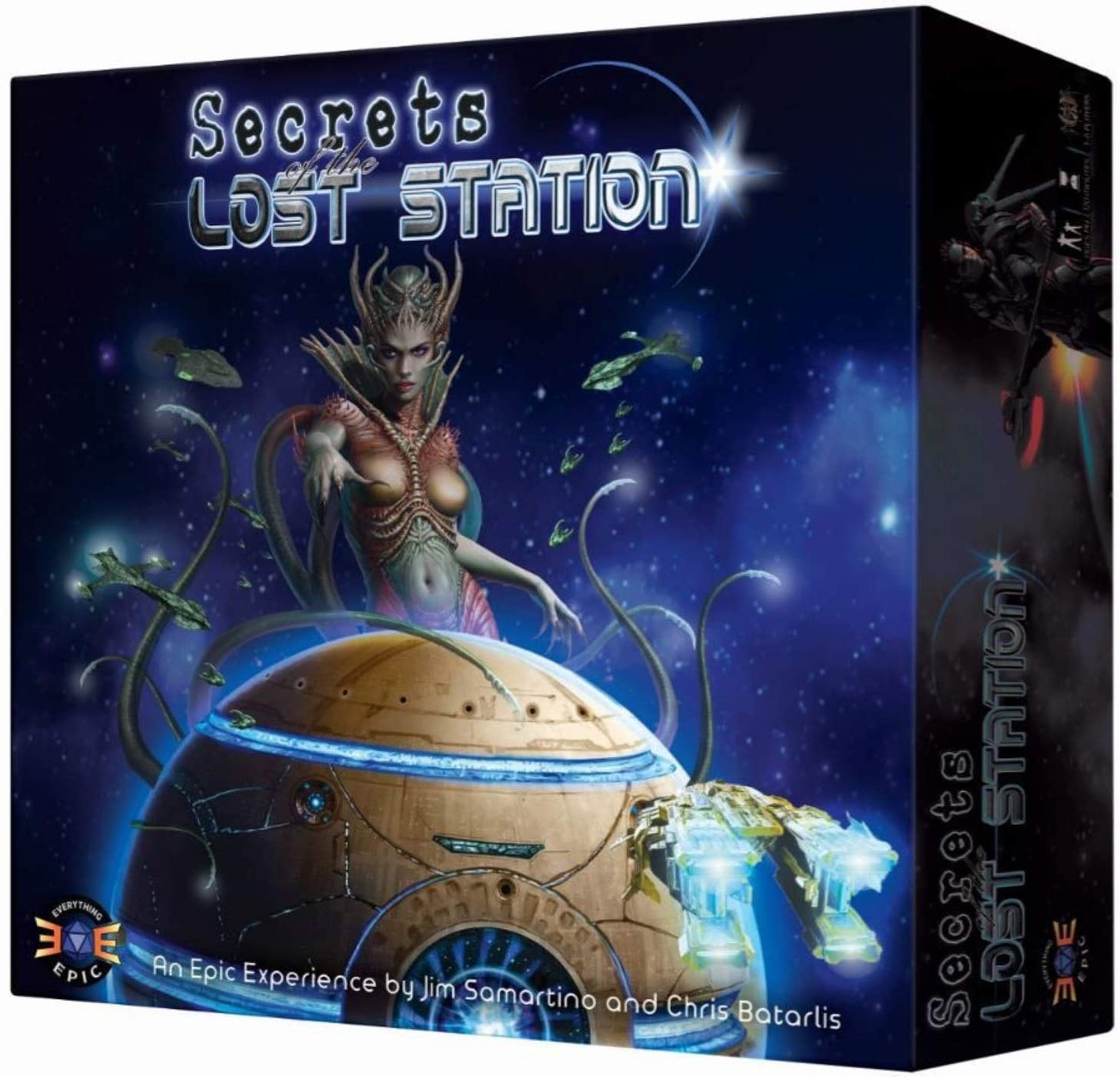 The Secrets of the Lost Station board game box features a horned alien woman, a glowing spherical structure, and spaceships in a starry cosmic scene