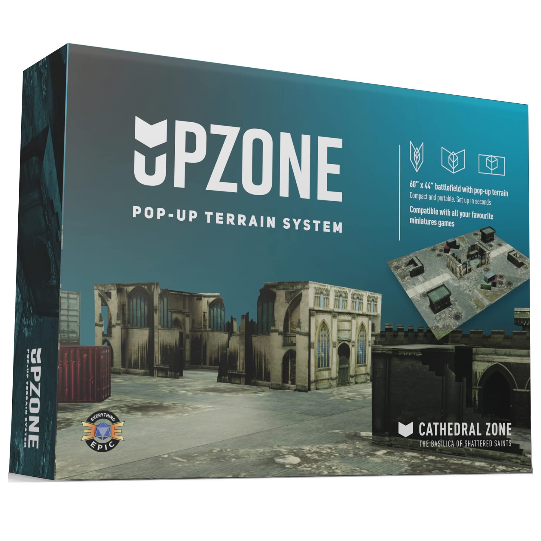 An Upzone - Cathedral Zone box displaying ruined cathedral terrain and details about a pop-up miniature game battlefield