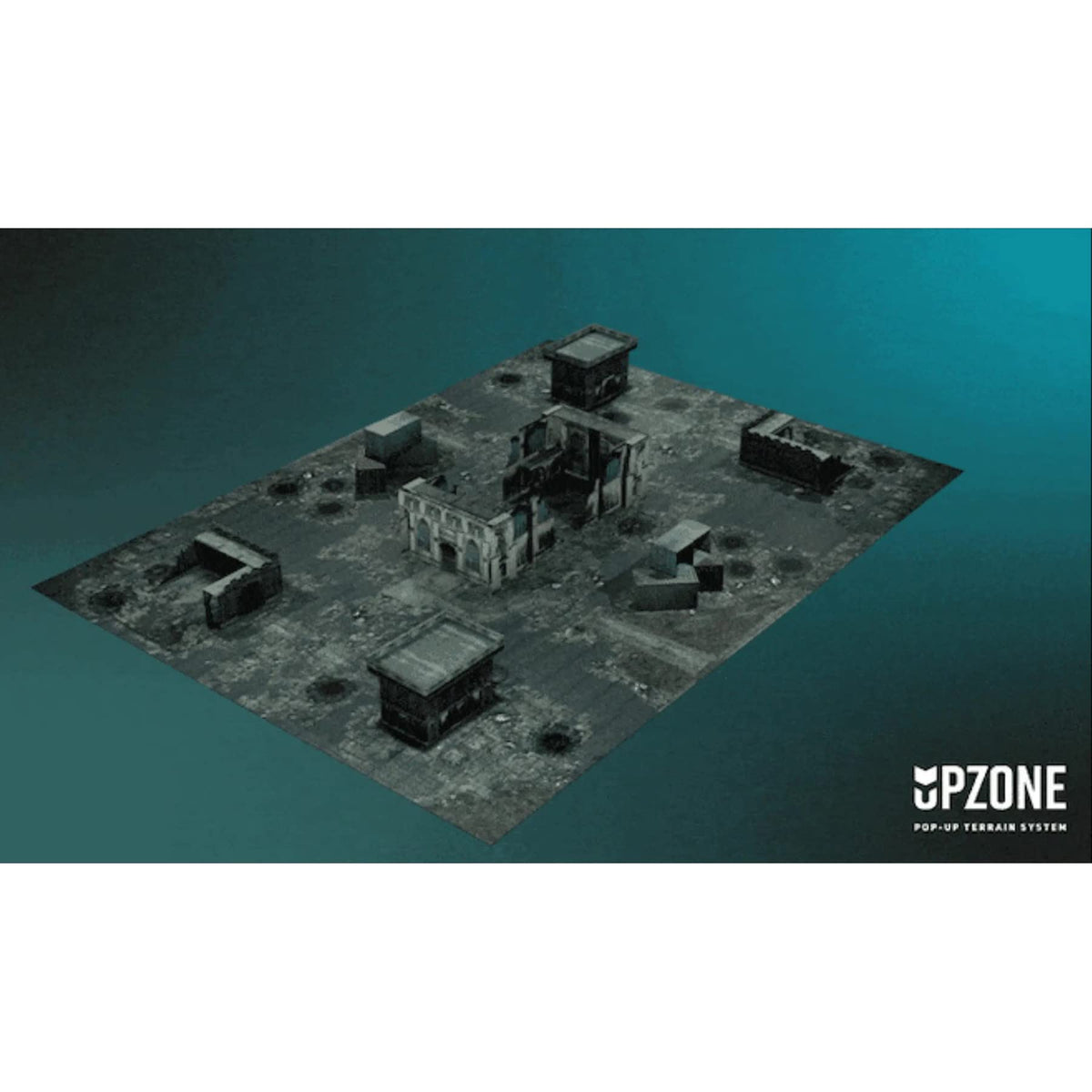 A square tabletop game mat displays modular ruined buildings and craters on a dark ground, depicting the Cathedral Zone terrain set