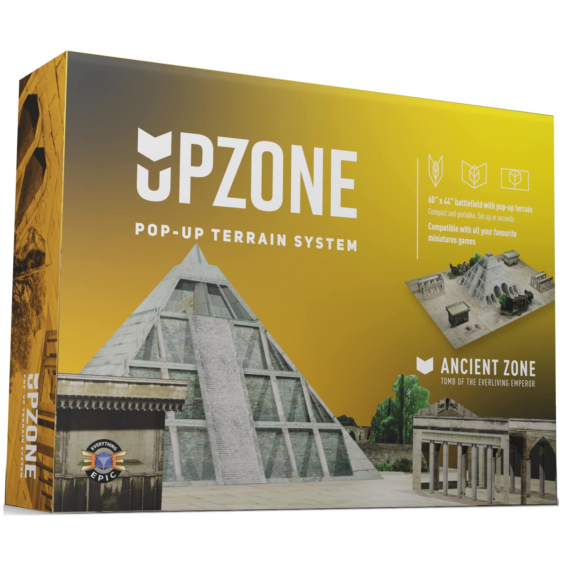The Upzone Ancient Zone box features a large stone pyramid, ancient ruins, and a miniature battlefield layout against a yellow-orange background