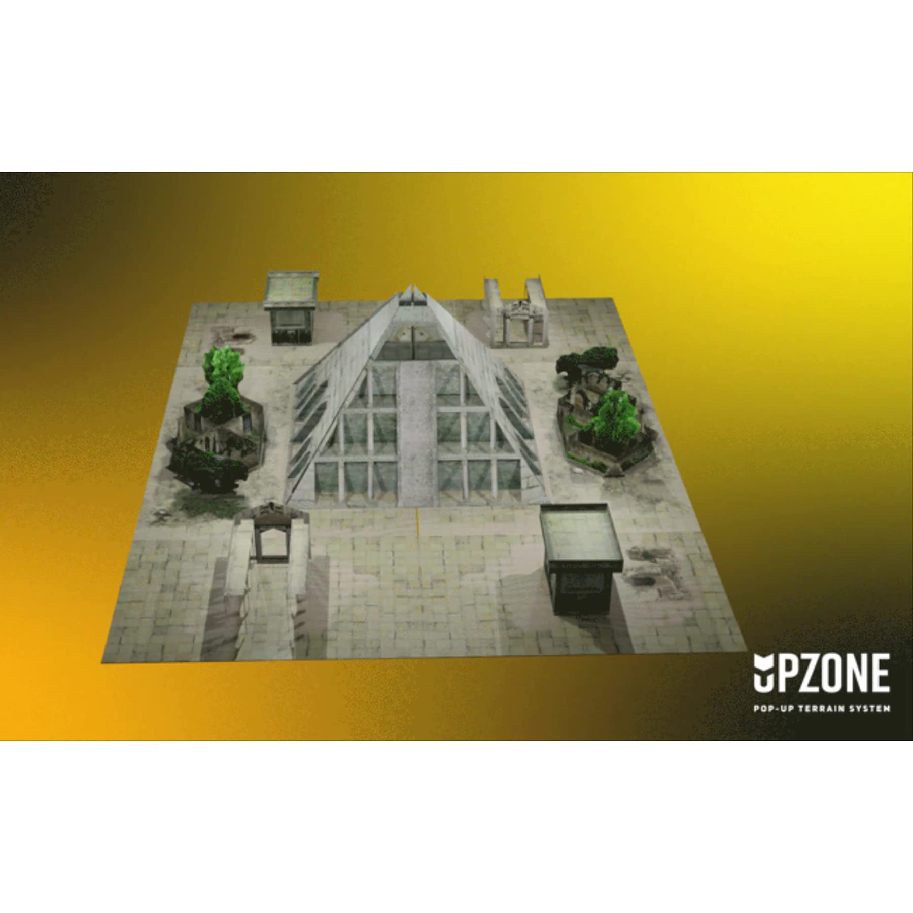 An Upzone Ancient Zone tabletop terrain system features a central pyramid-like building, smaller structures, and green trees on a stone-patterned mat