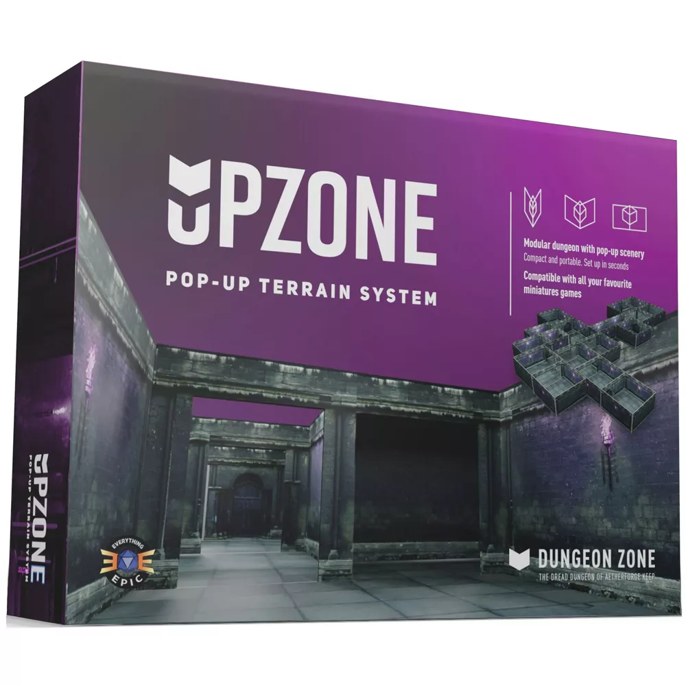 A box for Upzone - Dungeon Zone showing a dark dungeon corridor and modular pop-up terrain pieces for tabletop games