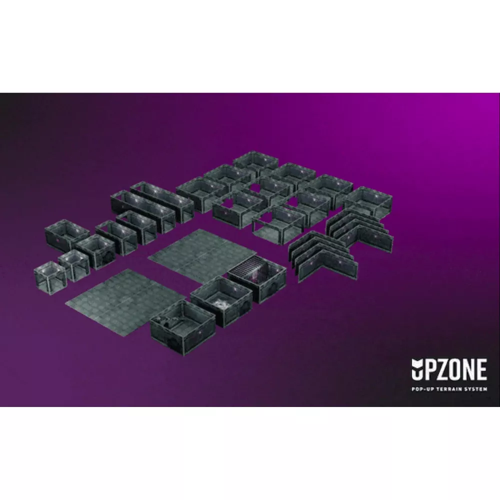 A comprehensive set of grey modular Dungeon Zone terrain, featuring various walls, floor tiles, and corner pieces arranged on a purple background