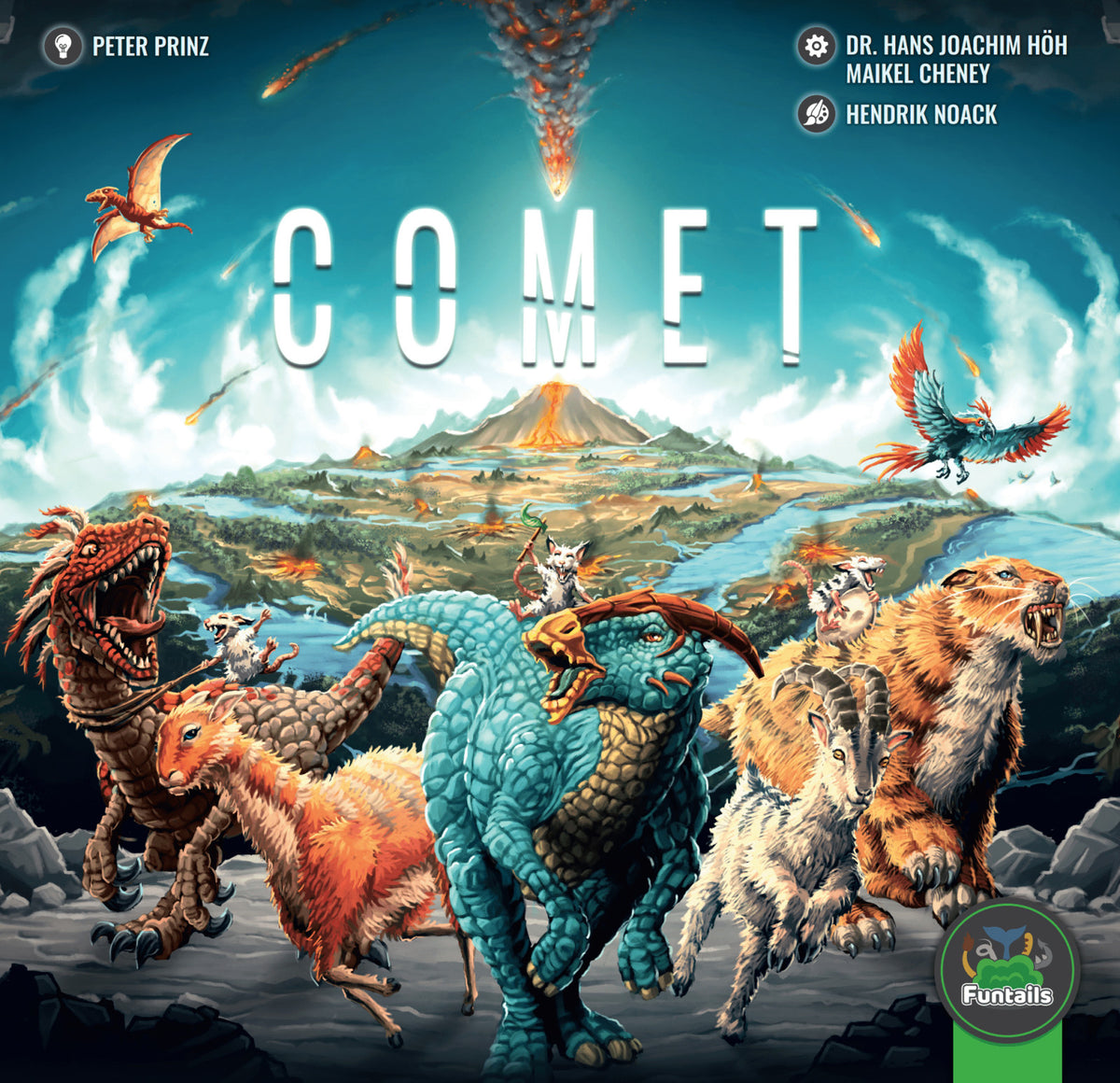 Comet board game box art featuring dinosaurs a sabertooth cat and other animals with a volcano and comet