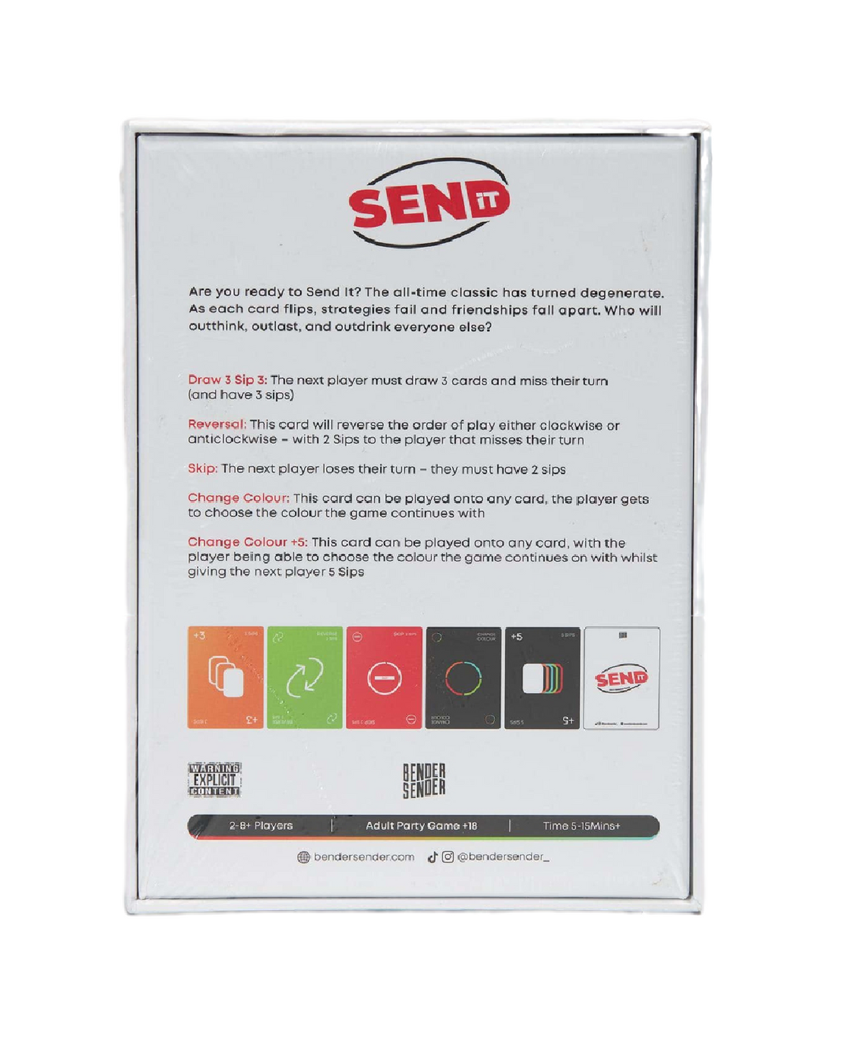Back view of Bender Sender: Send It game packaging with product details