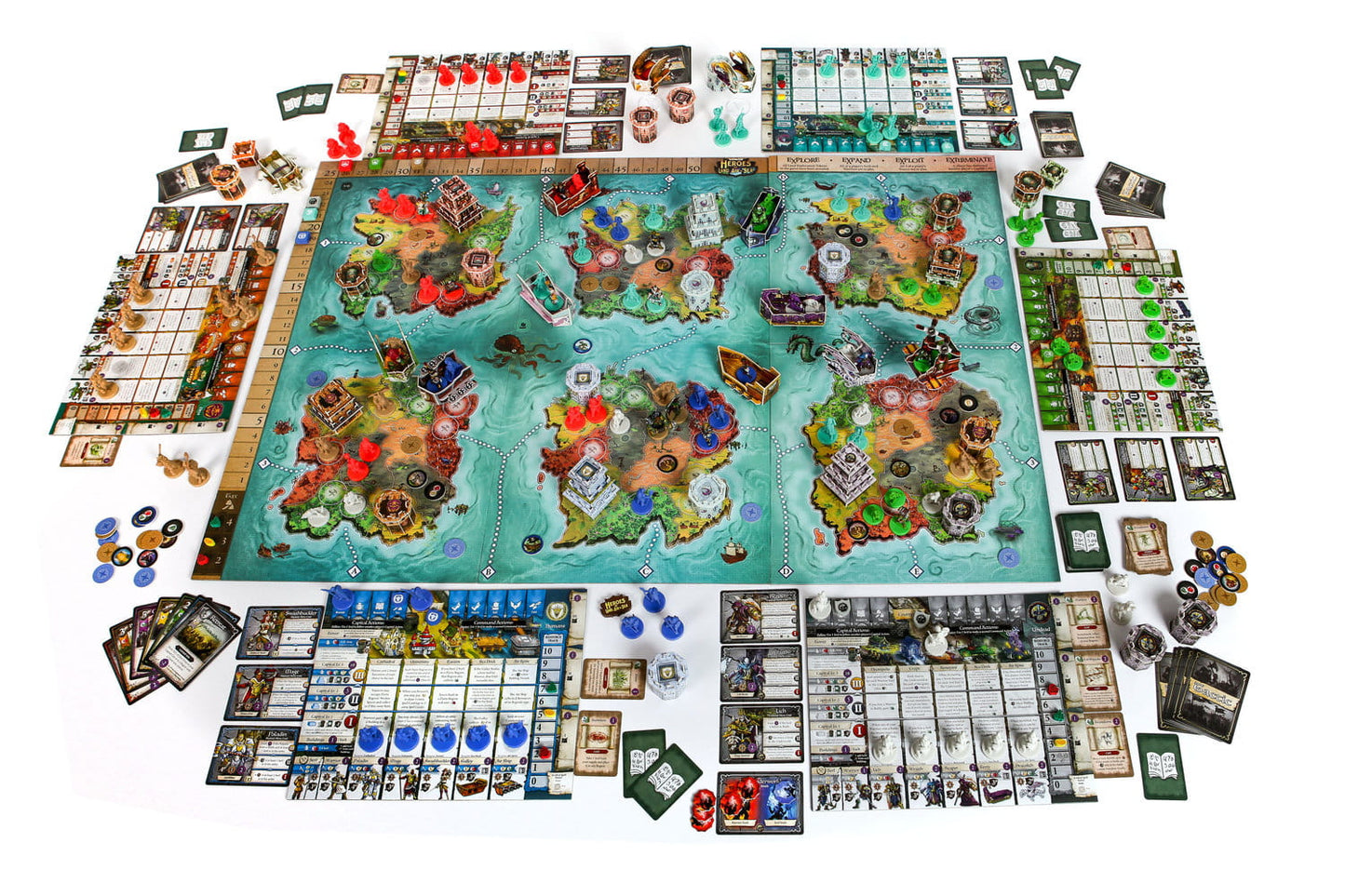 Overhead view of a fully set up fantasy strategy board game with an island map, miniatures, cards, and tokens