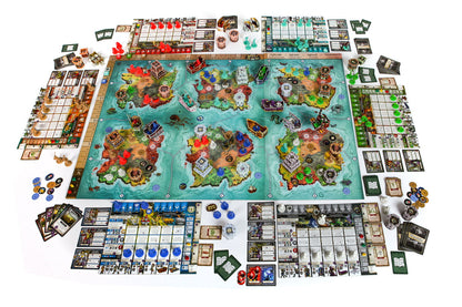 Overhead view of a fully set up fantasy strategy board game with an island map, miniatures, cards, and tokens