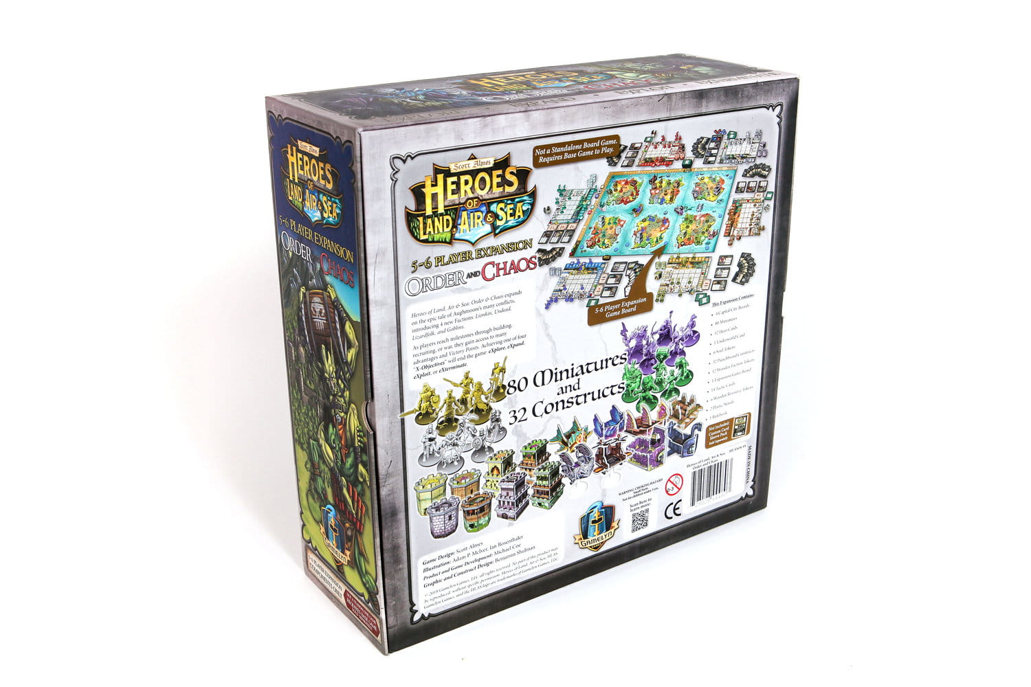 Back and side of the "Heroes of Land, Air & Sea: Order and Chaos" board game expansion box, detailing contents