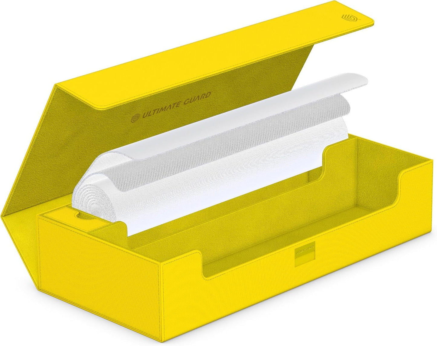 Open dandelion Ultimate Guard storage box containing a rolled white protective mat