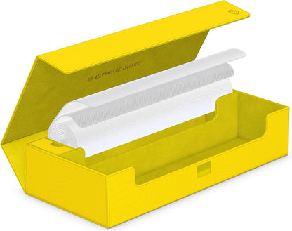 Open dandelion Ultimate Guard storage box containing a rolled white protective mat