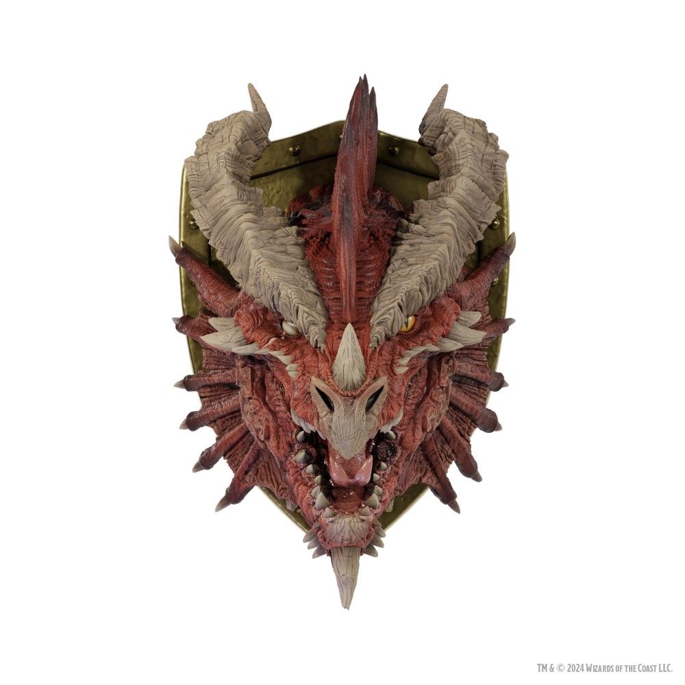 Red dragon head trophy mounted on a gold shield, featuring massive horns, fangs, and yellow eyes