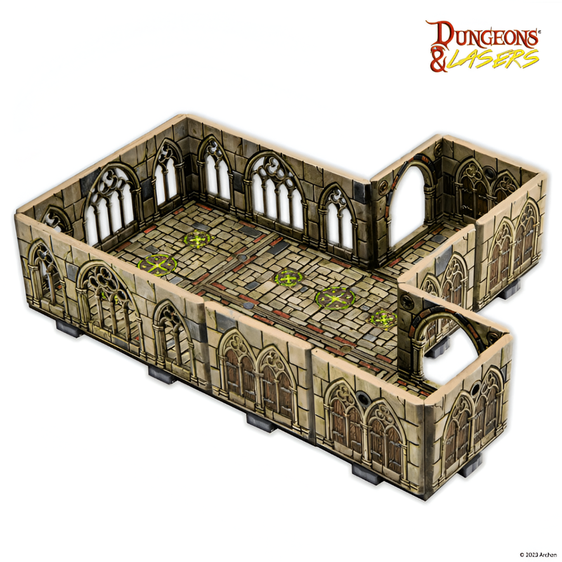 Modular tabletop terrain: an L-shaped gothic stone room with arched windows and glowing green floor markers