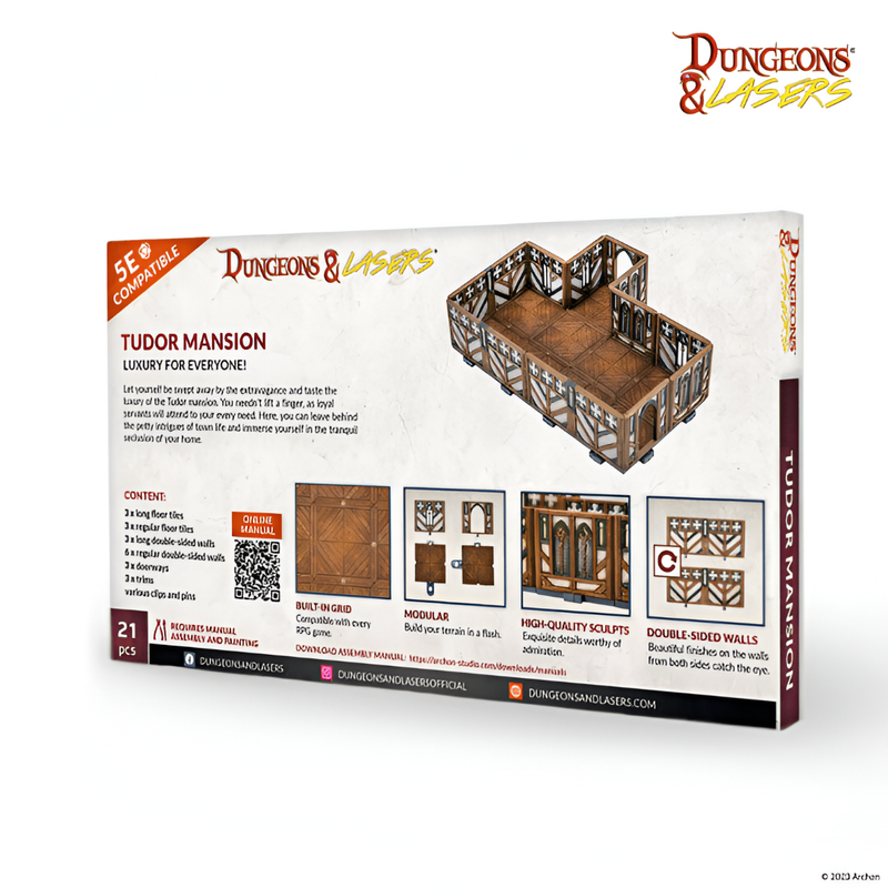 Dungeons & Lasers Tudor Mansion product box, featuring assembled brown and white miniature terrain pieces forming an interior