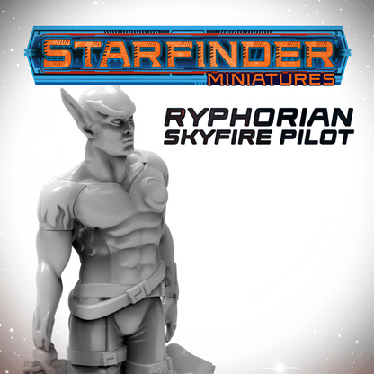Grey, unpainted 3D model of a muscular Starfinder Ryphorian Skyfire Pilot with pointed ears and chest armor