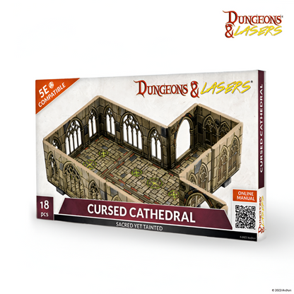 Dungeons & Lasers 'Cursed Cathedral' 5E compatible modular tabletop terrain set. Features gothic walls, green marked stone floor