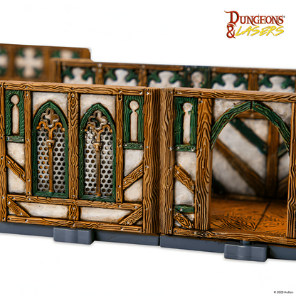 Modular timber-frame wall miniature. Brown wood, white plaster, green trim, two ornate grated windows, and an arched door